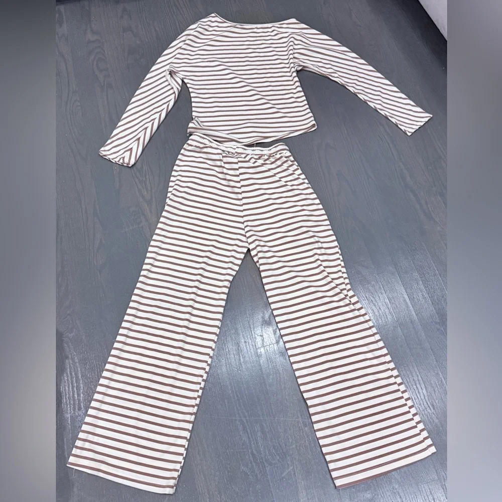 Striped Two-Piece Loungewear Set in Cream and Brown - Picture 9 of 9